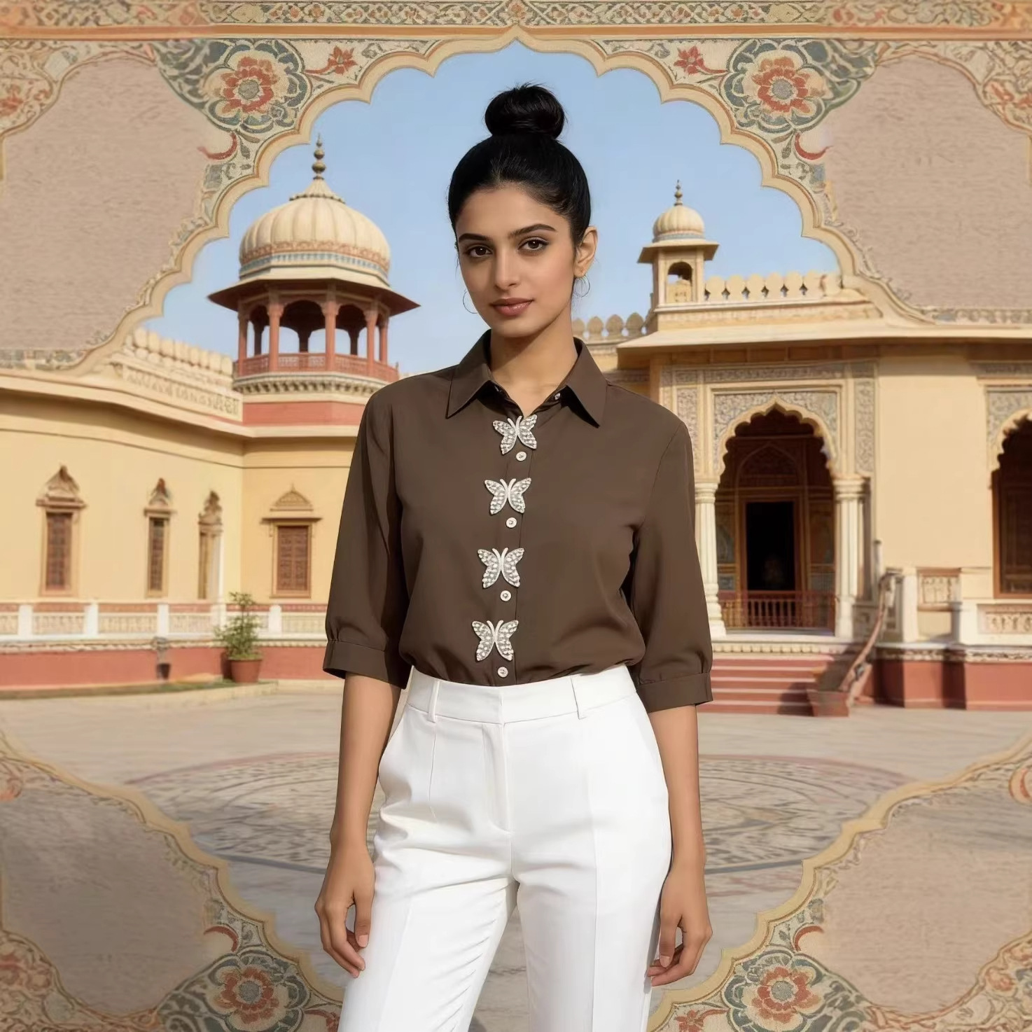 Spring New Arrival Women's Luxurious Oversized Shirt Beaded Long Sleeved Bow Tie Rhinestone Button Europe Style Top_voghion.com