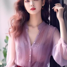淡紫色超仙女漂亮小衫女2025夏季新款泡泡长袖蕾丝拼接雪纺上衣潮