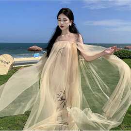 2023新中式晨袍一字肩简约连衣裙女水墨画国风复古抹胸型长裙
