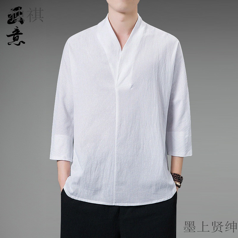 Summer Chinese Style Linen Hanfu Men's V-neck Retro Style Three-quarter Sleeve T-shirt Layman's Clothing Chinese Cotton Linen Zen Tea Clothing