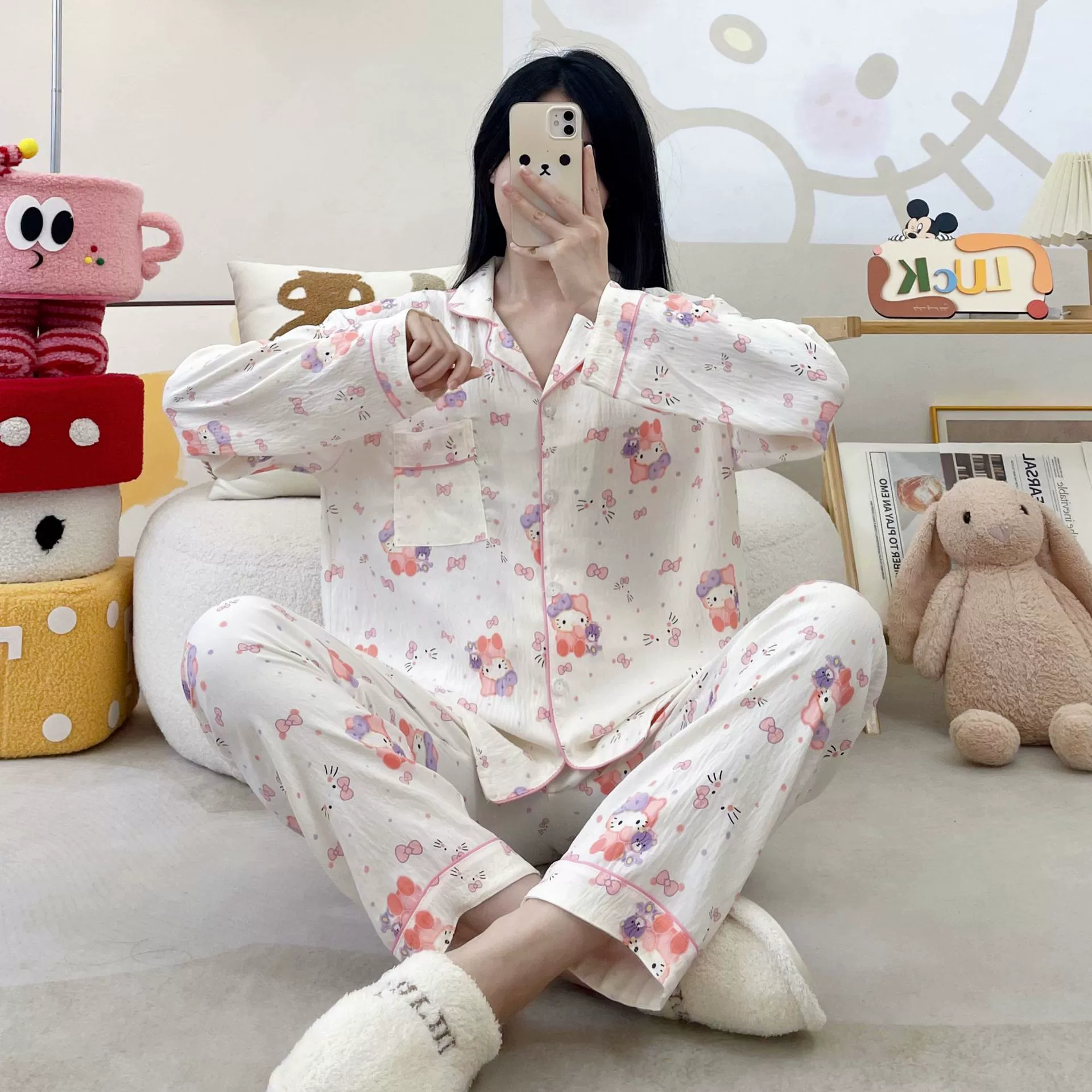Autumn Cartoon Pajama Set — Long-Sleeve Top, Trousers & Cardigan, Sizes M–XXL, Multi-Color