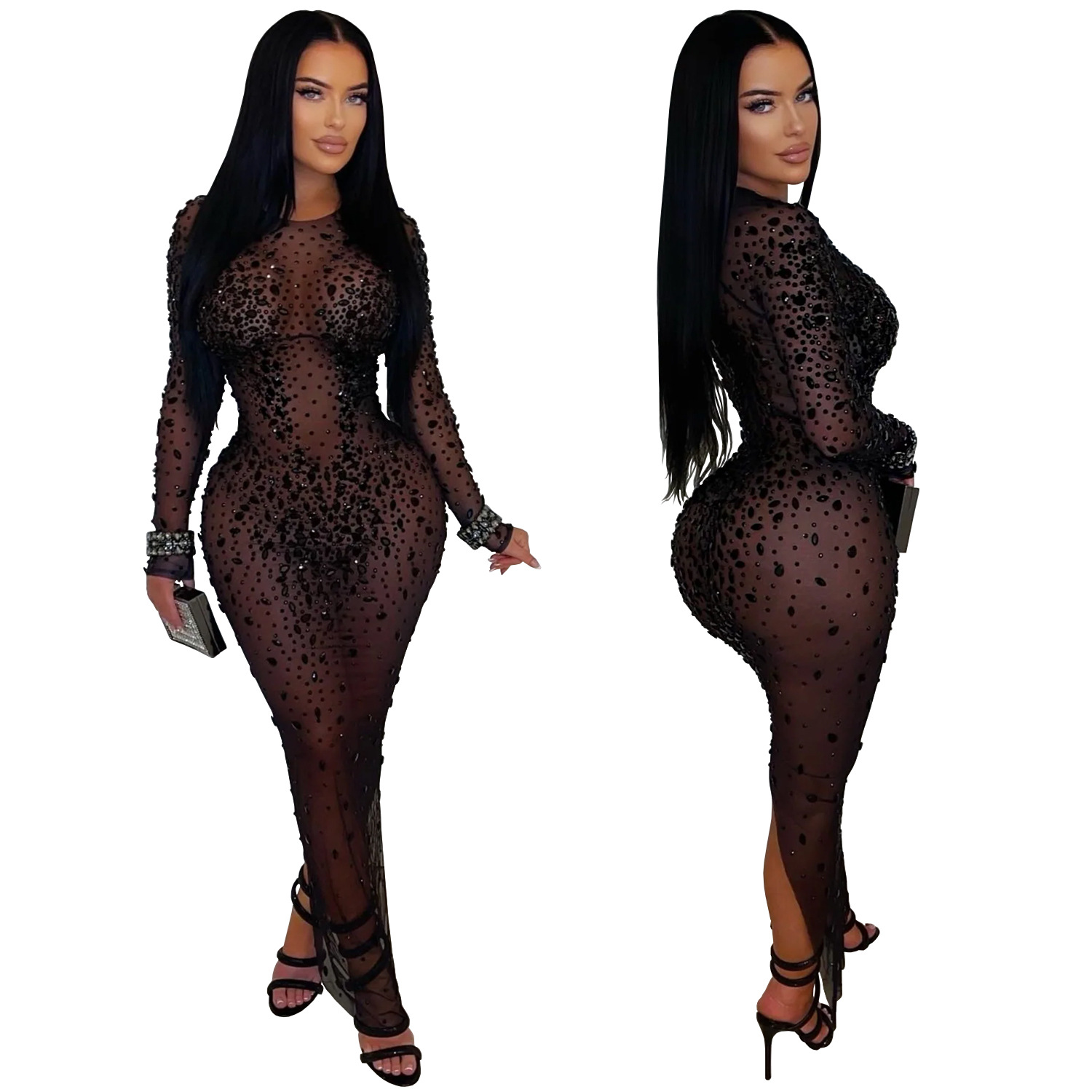 C7596 Aliexpress transfronterizo Amazon Europa y América de moda femenina perspectiva sexy malla de diamante vestido de cadera