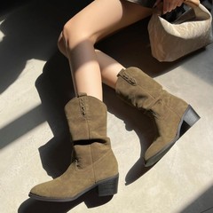 褶皱手工靴子短靴女款25新款秋西部牛仔靴美拉德网红女堆堆靴滨莉
