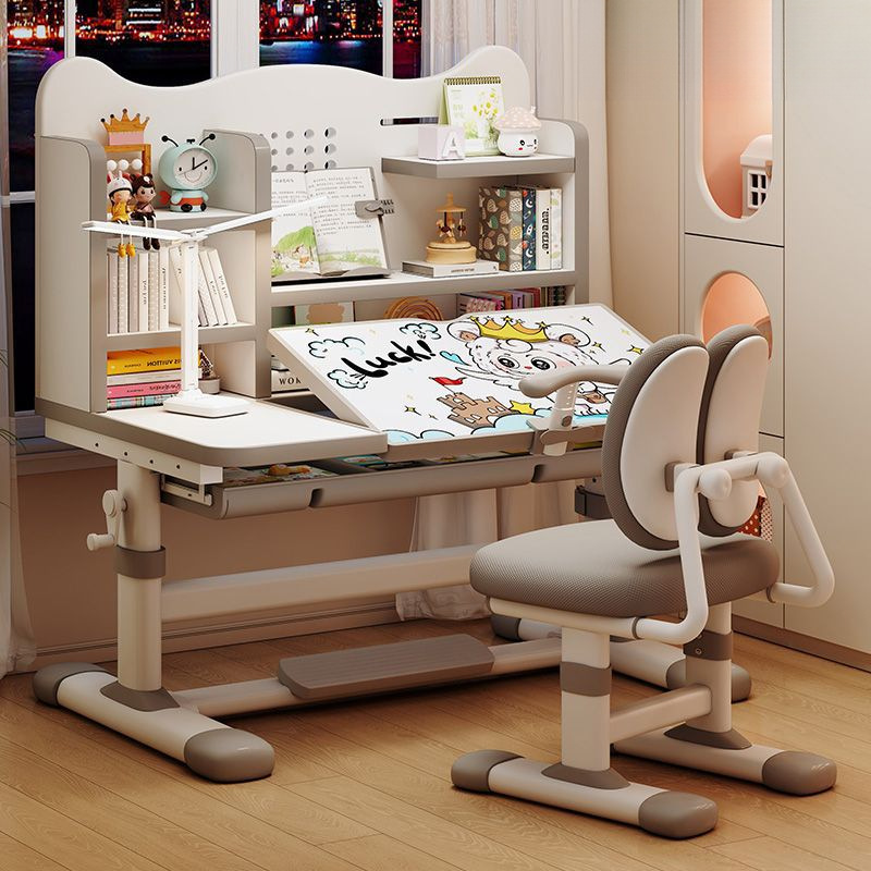 Children's Study Table, Children's Desk, Writing Table with Eye Protection Lamp, Student Desk, Home Desk and Chair, Liftable Hand Crank