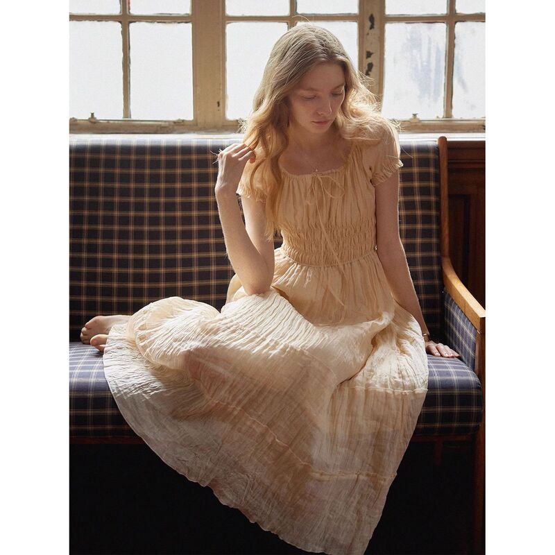 French-Style Elegant Pleated Texture Waist-Cinching A-Line U-Neck Dress, New Summer Model, Slimming Ladylike Long Dress French-Style Elegant Pleated Texture Waist-Cinching A-Line U-Neck Dress, New Summer Model, Slimming Ladylike Long Dress