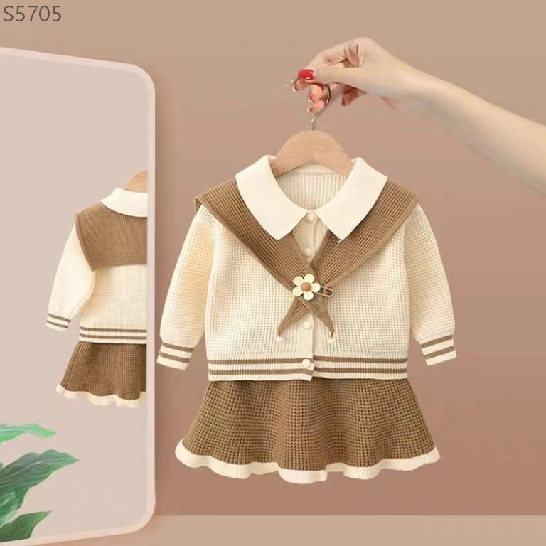 Ensemble jupe tricotée à col à grandes fleurs à la mode de style parfumé pour petite fille, pull à pois de style occidental pour petite fille_voghion.com