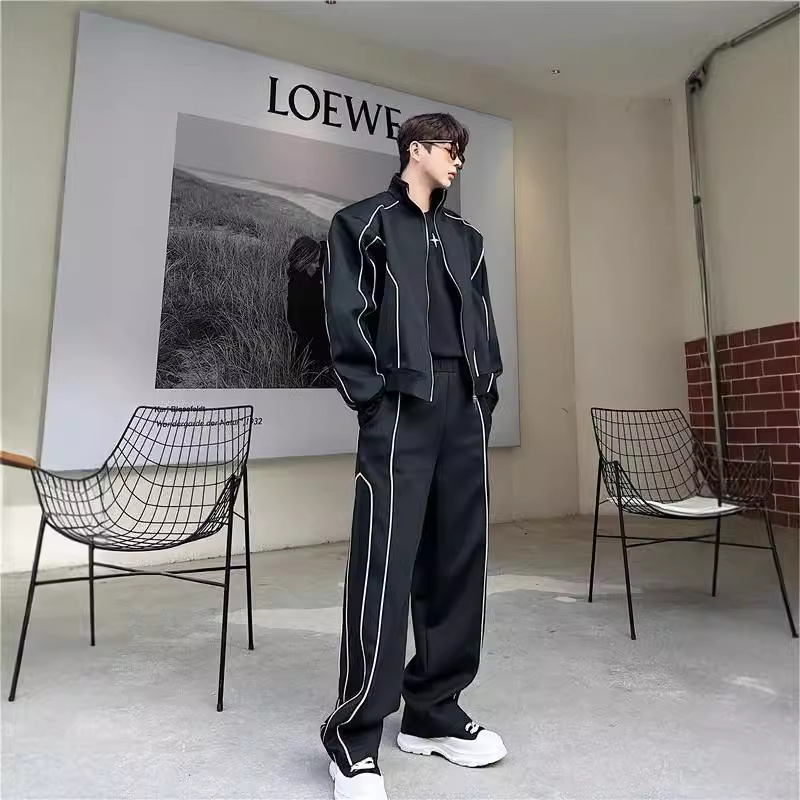 High-end feeling ruffian handsome leisure sports suit men's loose design feeling cardigan jacket wide leg pants matching two-piece suit fashion