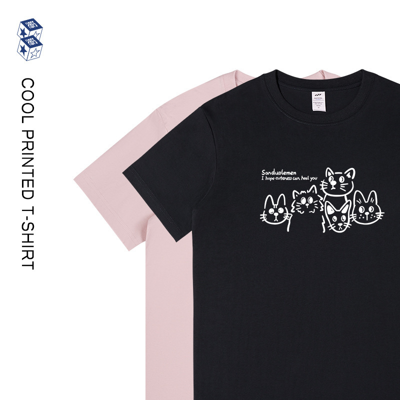 Summer Simple Printed Couple Short-Sleeved T-Shirt for Men and Women, Cat Pure Cotton Commuter Clothes, Ins Trendy Design Summer Simple Printed Couple Short-Sleeved T-Shirt for Men and Women, Cat Pure Cotton Commuter Clothes, Ins Trendy Design