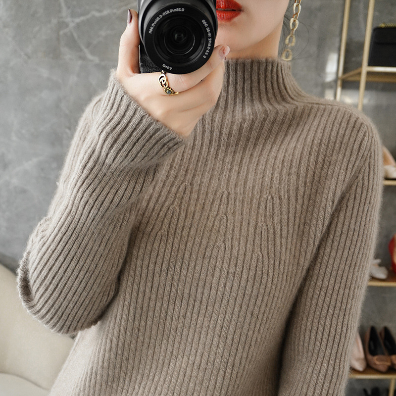 秋冬羊绒女半高领毛衣女宽松套头100纯羊毛衫抽条显瘦打底衫毛衫