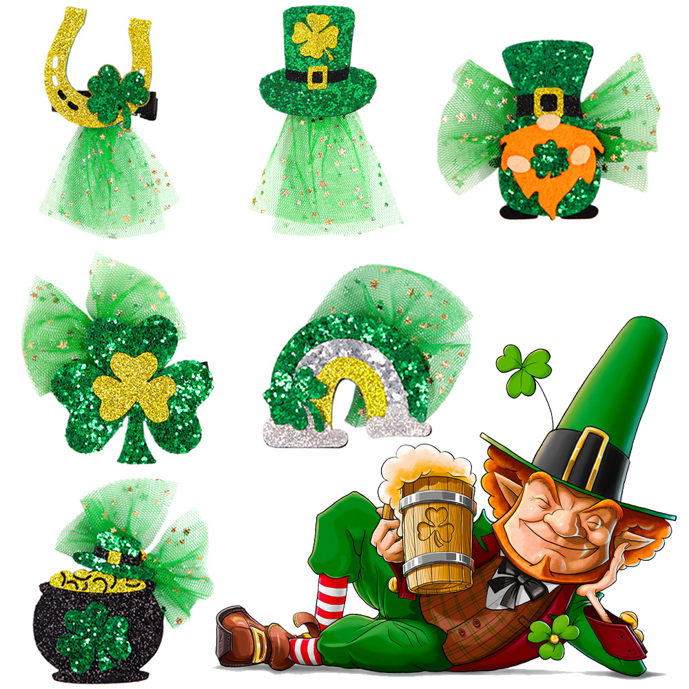 St. Patrick Cartoon Style Cute Exaggerated Four Leaf Clover Gauze Masquerade Party Festival Hairpin display picture 1