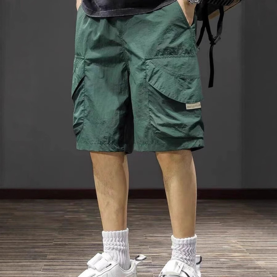 Men's Ice Silk Cargo Shorts with Multiple Pockets, Summer New Trendy Brand, Loose Plus-Size Beach Quick-Dry Mid-Length Shorts