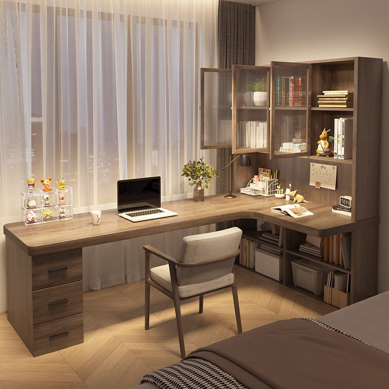 Desk with Drawer with Storage Corner Log Office Desk L-shaped Double Study Desk Bookcase Integrated Table