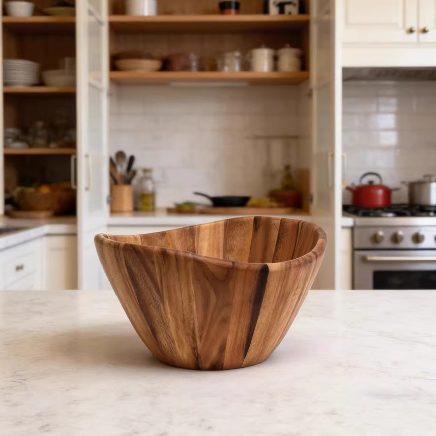 Tazón para ensalada de madera de acacia, gran tazón ondulado de madera maciza para mezclar, plato para frutas, vajilla para cocina del hogar.