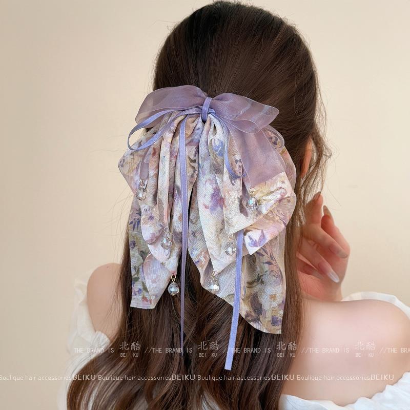 スーパーフェアリー多層花柄リボンポニーテールクリップパープルエレガントシフォンヘアクリップ多用途ファッショナブルなサメクリップ|undefined