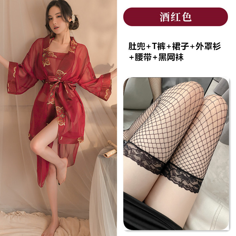 버건디 [코트+복대+롱스커트+끈팬티] + 블랙 망사스타킹