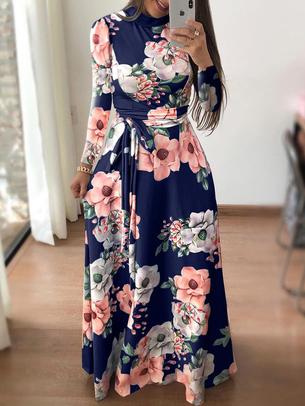 WISH Amazon 2025 秋の新ヨーロッパとアメリカンスタイルのフラワープリント半袖大裾ドレス婦人服|undefined