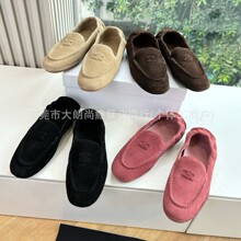 莞产高定凯旋门休闲平底乐福鞋圆头鹿皮后松紧一脚蹬懒人豆豆鞋女