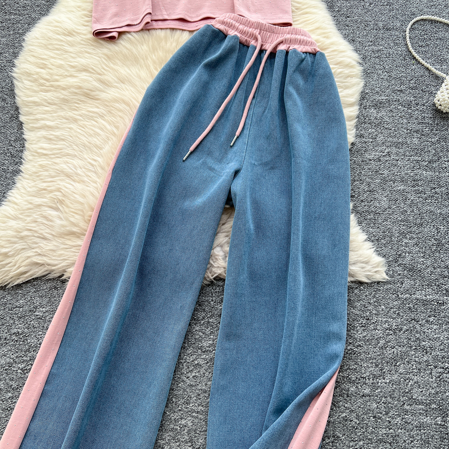 Dambyxset denim hög midja byxor med vida ben och överdel_voghion.com