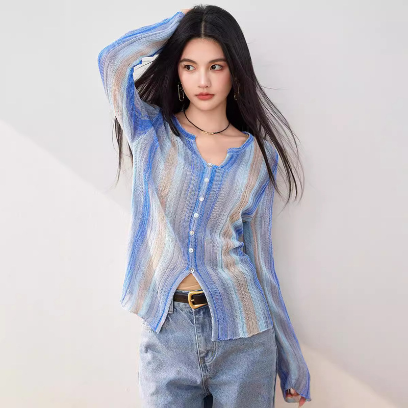 Gradient Tie-Dye Striped Thin Knit Sweater for Women 2025 Autumn New Color-Blocking Sun-Protective Cardigan Long-Sleeve V-Neck Top Gradient Tie-Dye Striped Thin Knit Sweater for Women 2025 Autumn New Color-Blocking Sun-Protective Cardigan Long-Sleeve V-Neck Top