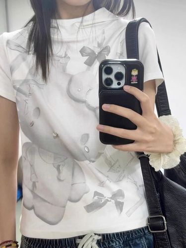 [210g, 40-count Pure Cotton] KT Cat Print Rhinestone-Embellished Short-Sleeve T-Shirt for Women | Designer-Like Hooded Slim-Fit Top