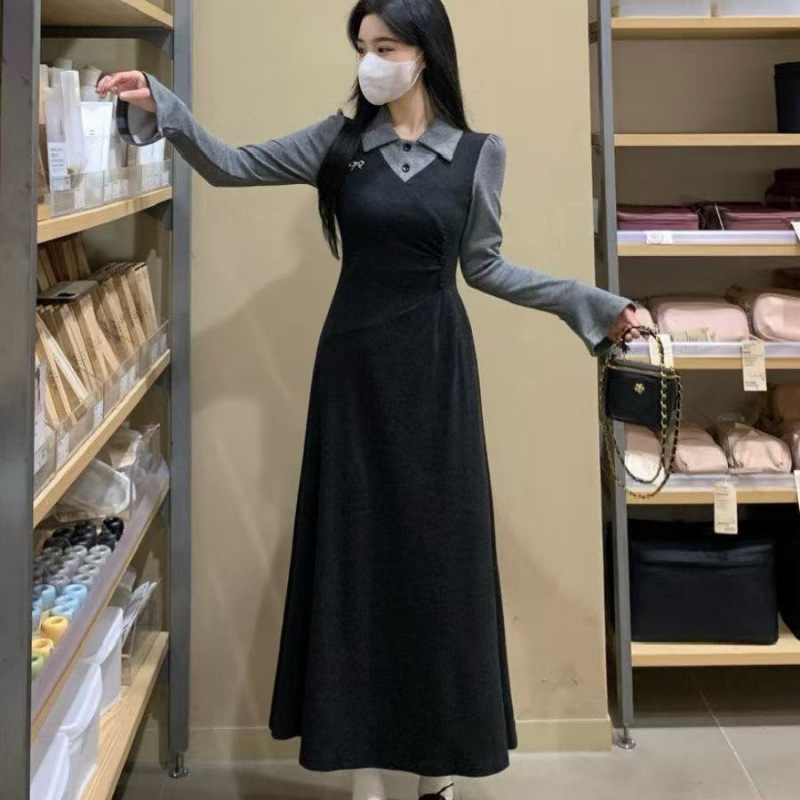 法式复古连衣裙女秋冬新款气质设计感假两件拼接微胖mm大码长裙子|undefined