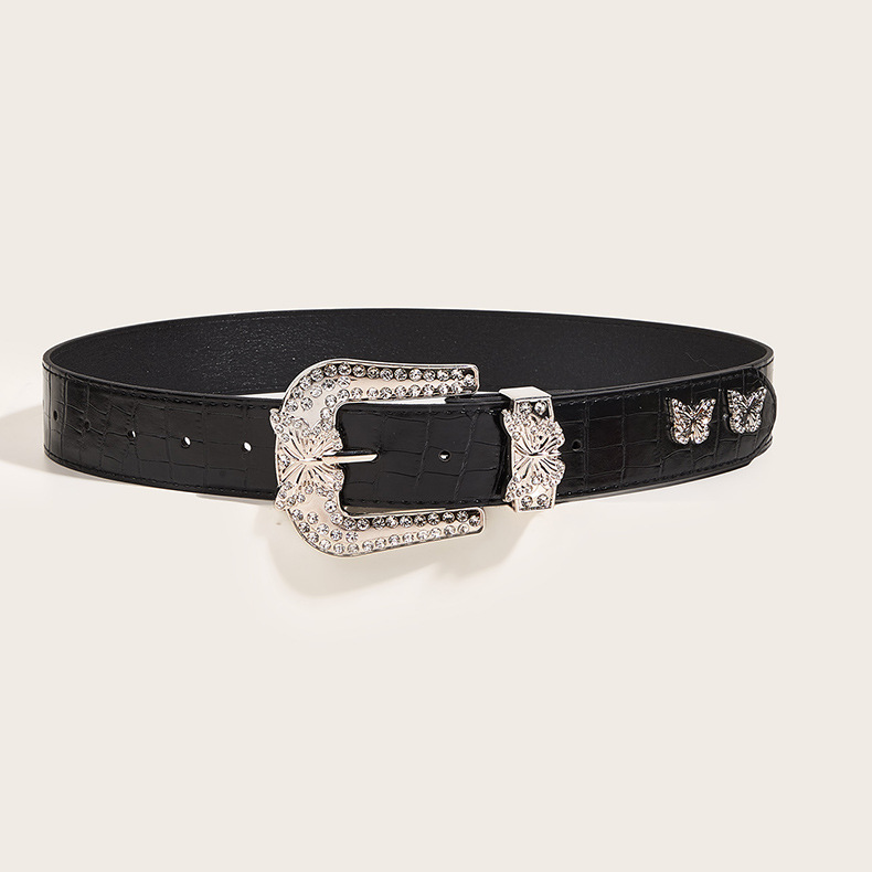Nouvelle ceinture pour femme, décoration rétro américaine, boucle papillon en diamant, ceinture personnalisée, style commerce extérieur, ceinture de pantalon noire_voghion.com
