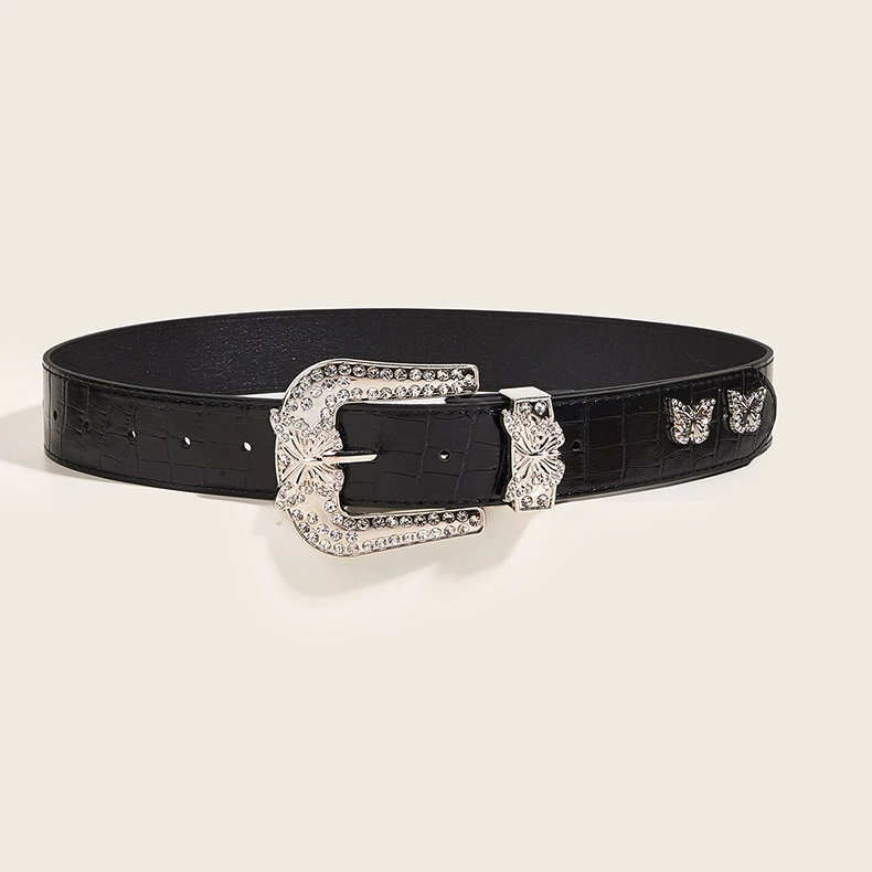 Retro belt, 105 cm, black, butterfly rhinestone buckle, 3.8 cm width