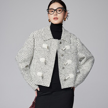[本初]2024秋款羊毛小香风外套女翻领黑白格短款设计感粗花呢上衣