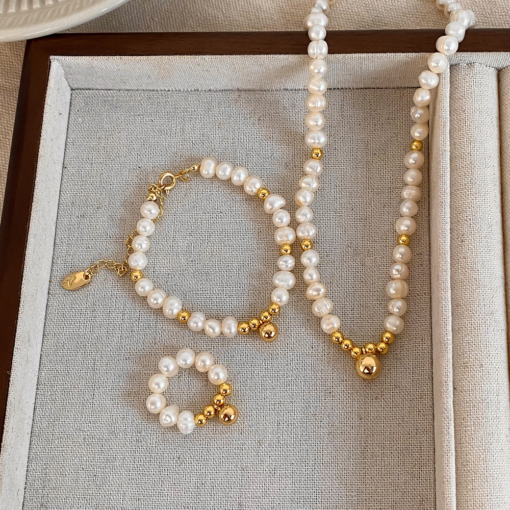 7g Weight Gold Plated Plating Material Rings, Bracelets, Necklace Classification 1 Piece Quantity Classic Style Round Freshwater Pearl Copper Plating Gold Plated Rings Bracelets Necklace