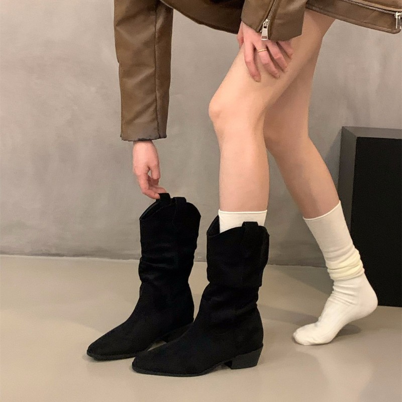 粗跟卡其色绒面堆堆靴中筒骑士靴女靴子2025秋冬季尖头~V口瘦瘦靴|undefined