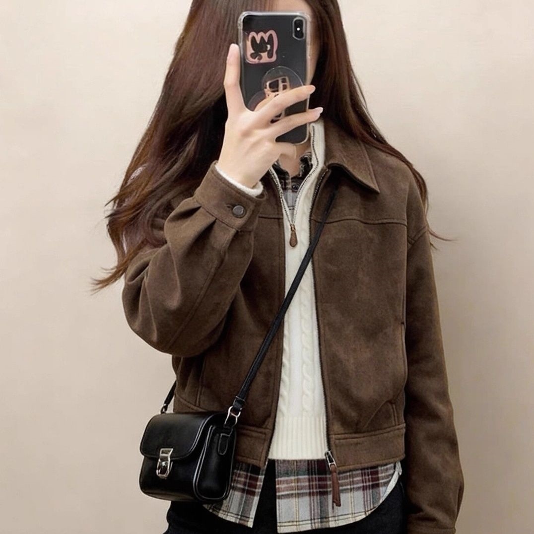 美拉德棕色仿麂皮绒外套女2026早秋新款复古韩版宽松显瘦百搭外套