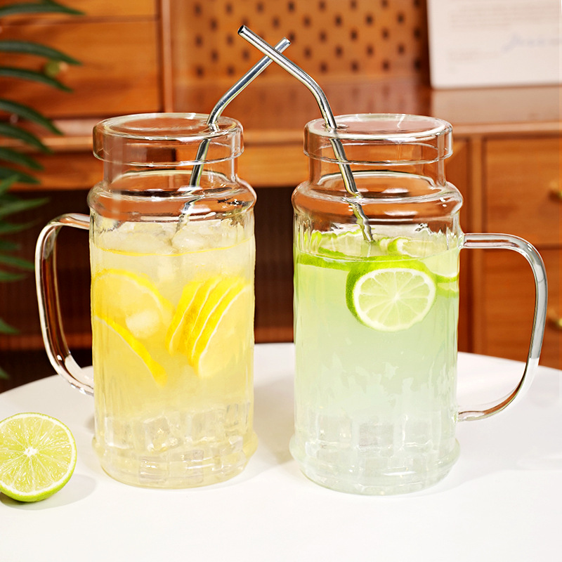 玻璃杯耐高温1000ml大容量饮水壶办公室带把手吸管杯家用泡茶水杯
