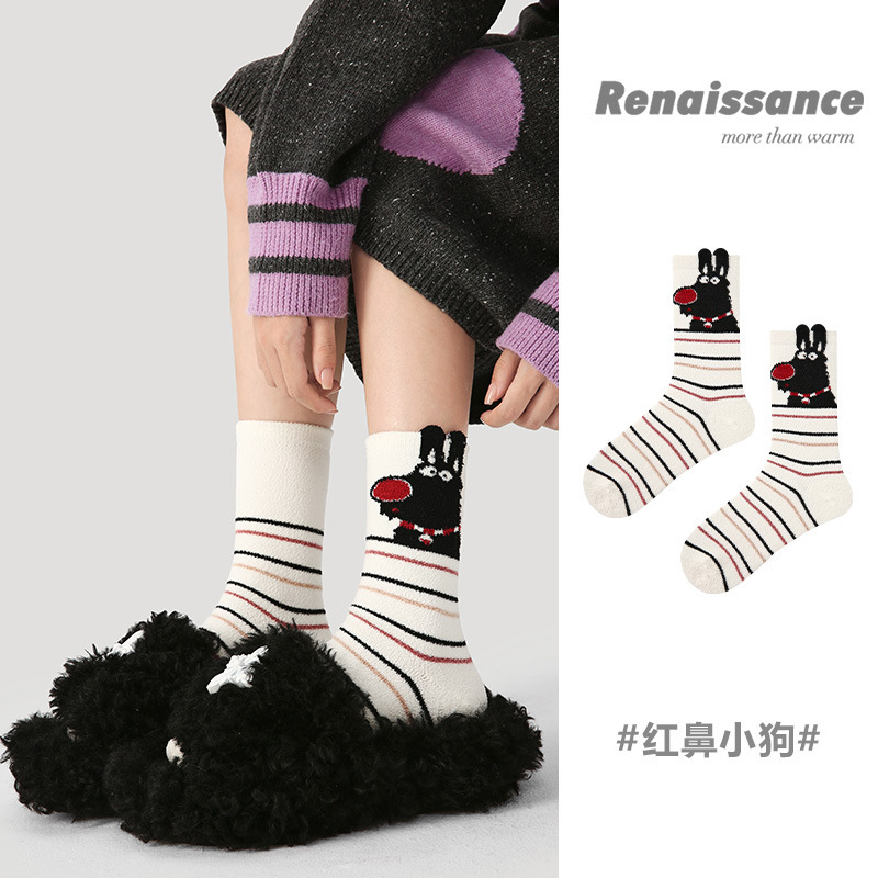 Renaissance socks women's autumn and winter fleece-lined thickened white striped animal ins trendy imitation mink velvet mid-tube socks