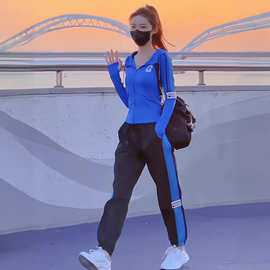 潮流跑步服时尚穿搭一整套春夏季修身薄款拉链开衫上衣两件套女装