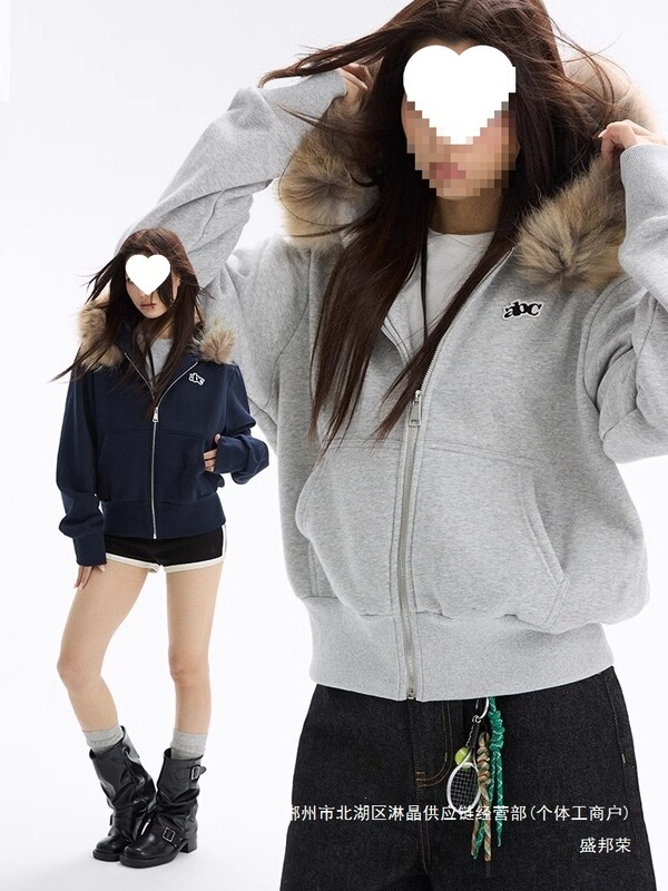 Heyabc Hooded Detachable Fluffy Raccoon Fur Loose-Fitting Korean-Style Abc Patch Embroidery Zipper Sweatshirt
