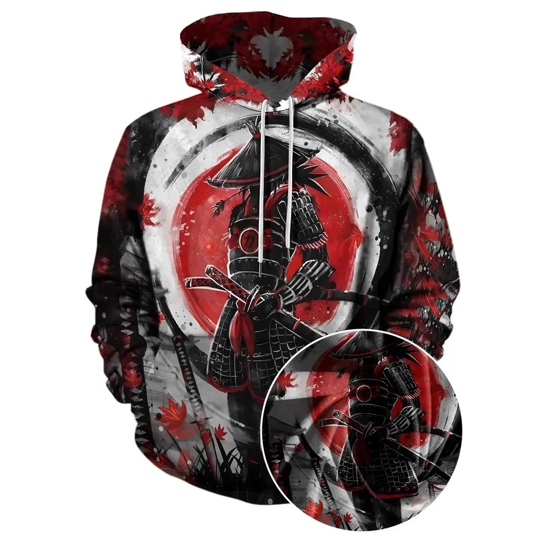 Venta caliente Tinta Jianghu Hero Swordsman Impresión 3D Hombres Moda callejera suelta de manga larga con cordón suéter con capucha