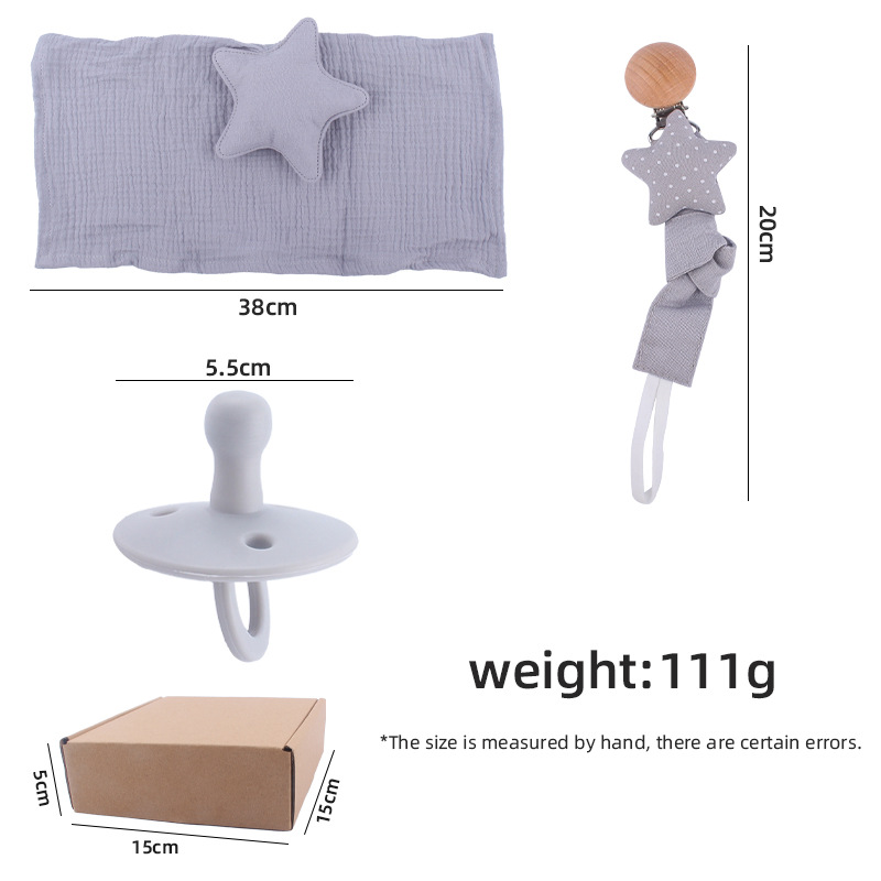 Suministros para bebés estrella de dibujos animados toalla calmante creativo bebé chupete de silicona cadena mordedor juguete conjunto de tres piezas