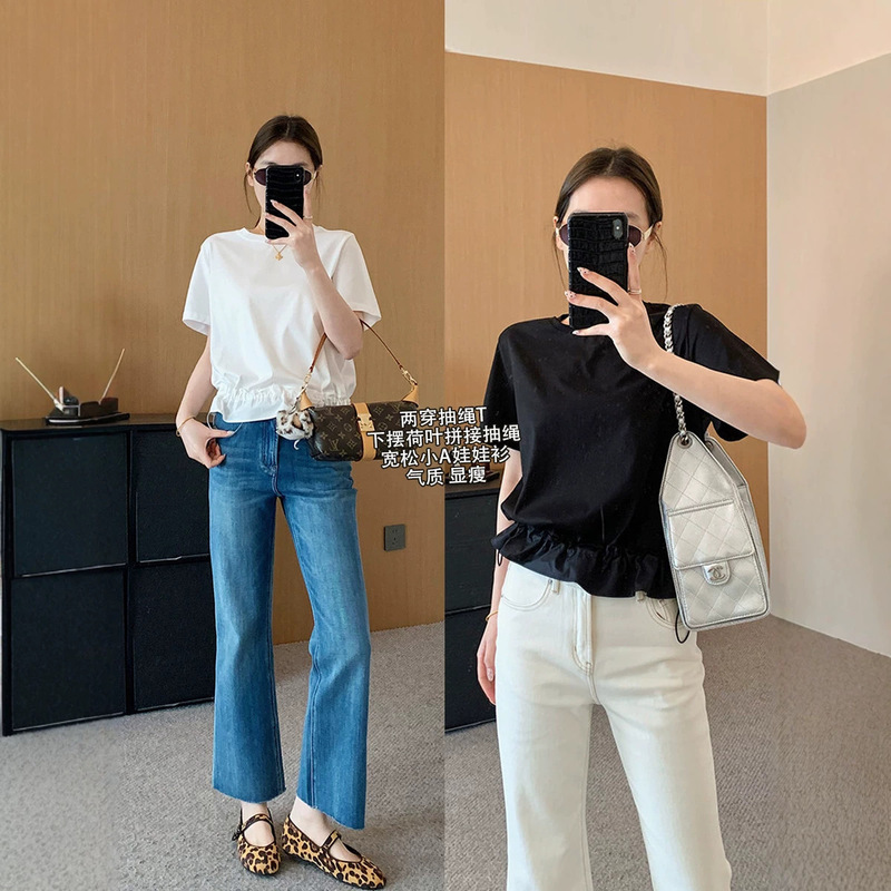 Spring Is Not Too Late: Two-Way Drawstring T-Shirt! Designer Adjustable Patchwork Ruffle Hem Short-Sleeve Summer Round-Neck T-Shirt for Women Spring Is Not Too Late: Two-Way Drawstring T-Shirt! Designer Adjustable Patchwork Ruffle Hem Short-Sleeve Summer Round-Neck T-Shirt for Women