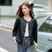 专柜百搭绵羊皮机车服2025新款时尚圆领女士外套高档气质复古皮衣