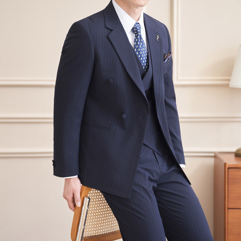 Double-Breasted Striped Suit Men's Set 2026 New Business Casual Trendy Slim-Fit Stylish Groom Wedding Suit Double-Breasted Striped Suit Men's Set 2026 New Business Casual Trendy Slim-Fit Stylish Groom Wedding Suit
