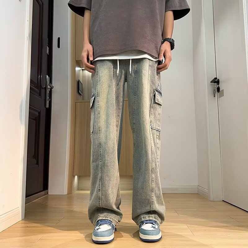 Jeans cargo con coulisse, stile retrò, alla moda, tinti di fango, gialli, per uomo e donna, pantaloni larghi, casual e a gamba dritta_voghion.com