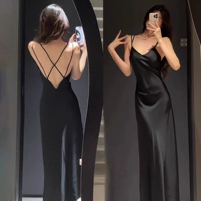Extra Large Size 150kg French-Style Sexy Nightgown for Women, Ice Silk High-End Beauty Backless Long Slip Dress, Pure and Exquisite