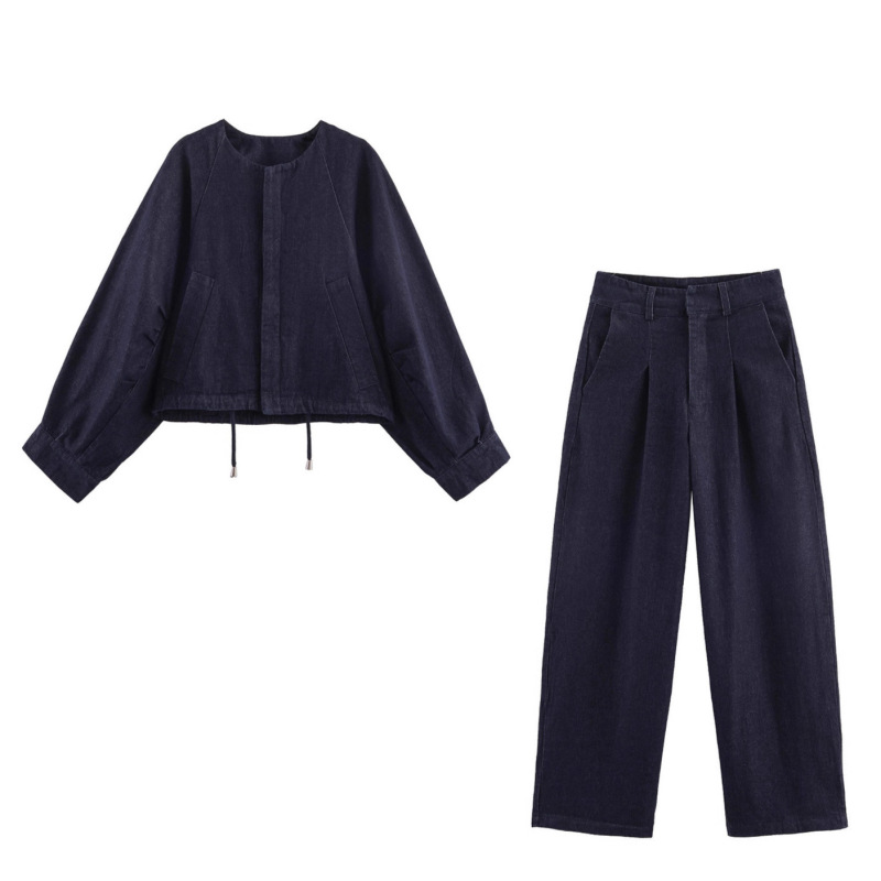 Foreign Trade European and American Style 2025 Autum New Women's Denim Fluffy Bomber Jacket Jacket Mid-Waist Pants Suit