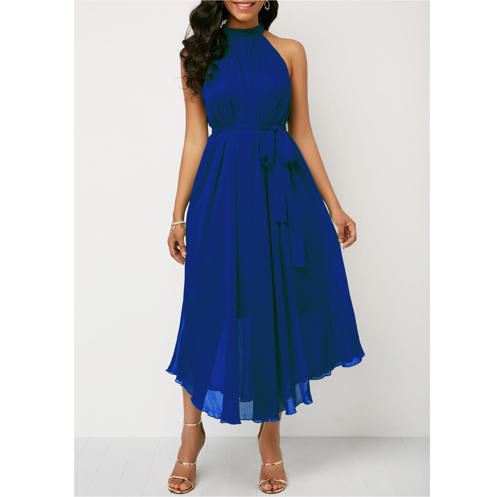 European and American spring and summer halterneck off-shoulder chiffon pleated dress plus size brand women's clothing cross-border supply_senzul.com