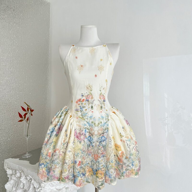 Okmashop Alice's Dreamland Halter Neck Dress for Women Spring/Summer Design Print Resort Style Waist-Cinching Dress