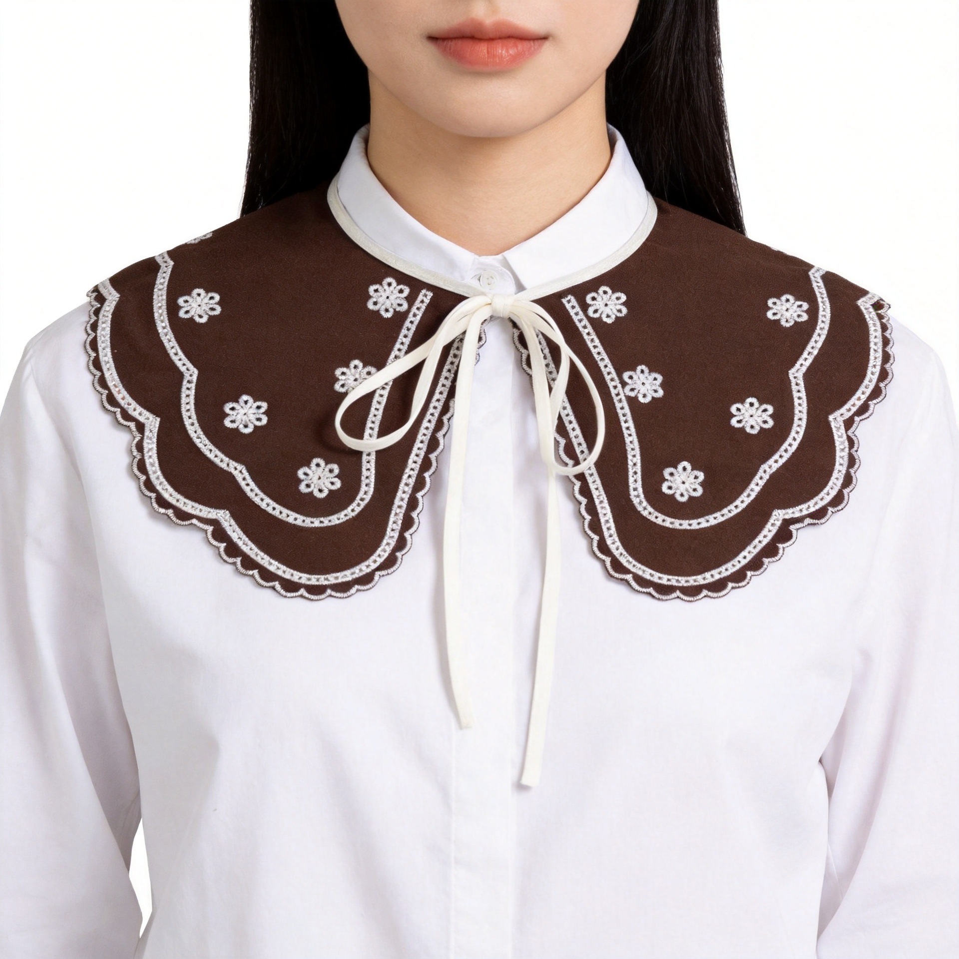 Café ondulado chiffon falso cuello arco correa doble camisa exterior suéter decoración cuello en stock