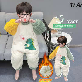 儿童恐龙睡衣冬季家居服睡袋男童连体衣宝宝卡通小男孩保暖法兰绒