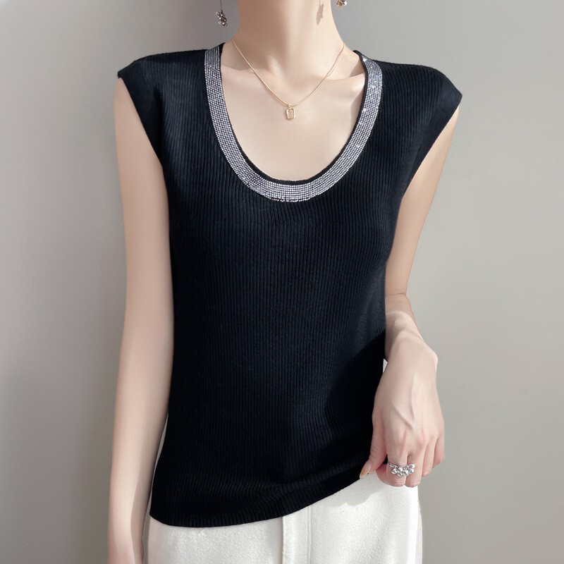 Spring and Summer New Style Fine-Spun Wool U-Neck Sleeveless Rhinestone-Embellished Knit Top for Women, Ribbed Slim-Fit Base Shirt Spring and Summer New Style Fine-Spun Wool U-Neck Sleeveless Rhinestone-Embellished Knit Top for Women, Ribbed Slim-Fit Base Shirt