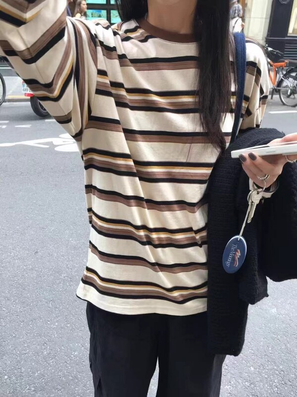 现h韩国东大门25年秋新款breathe学院风减龄圆领撞色条纹长袖T恤|undefined