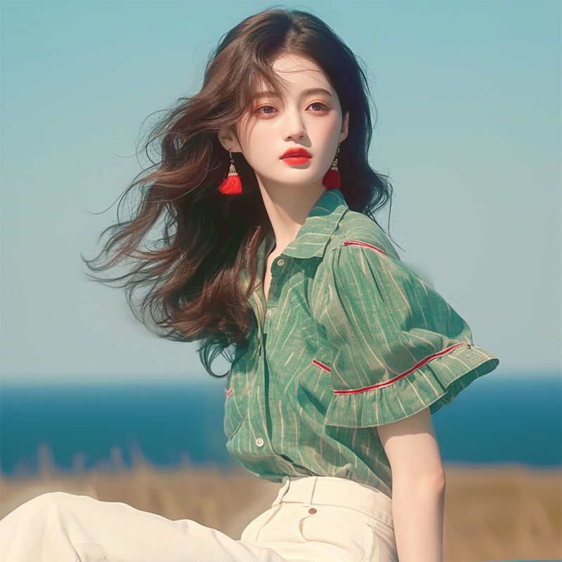 Summer Popular French Style Chic Small Shirt Niche Unique Super Good-looking Temperament All-match Green Striped Puff Sleeve Shirt